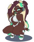 1girl big_ass big_breasts bikini brown_skin green_hair marina_(splatoon) omegasunburst platfoorm_shoes posing seductive smile splatoon_2