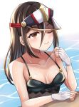  1girl alluring black_one-piece_swimsuit breasts brown_eyes brown_hair cleavage closed_mouth collarbone fingerless_gloves gloves high_res kurume_sml long_hair looking_at_viewer medium_breasts morag_ladair morag_ladair_(obligatory_leave)_(xenoblade) morag_ladair_(xenoblade) nintendo one-piece_swimsuit one_eye_closed pool smile swimsuit water wet white_gloves xenoblade_(series) xenoblade_chronicles_2 