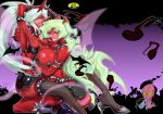  1girl abstract_background big_breasts blush breast_squish breasts clothing collar demon demon_girl eyewear glasses green_eyes green_hair hair horn horns kneesocks_daemon large_breasts legwear nipples otzer otzer5957706 panty_&amp;_stocking_with_garterbelt red_skin scanty_daemon smile spiked_collar stockings tail white_hair wings yellow_eyes 