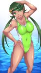  1girl alluring big_breasts breasts byakkun_(byakkun8181) competition_swimsuit creatures_(company) dark-skinned_female dark_skin game_freak green_eyes green_hair high_res highleg highleg_swimsuit long_hair mallow mallow_(pokemon) nintendo one-piece_swimsuit pokemon pokemon_sm sleeveless star_(symbol) swimsuit teeth twin_tails upper_teeth_only water 