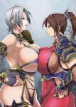  2_girls abs abs_visible_through_clothing alluring armor asian_female asymmetrical_clothes athletic_female bandai_namco big_breasts black_gloves blue_eyes bodysuit bracelet breast_contest breast_press breasts brown_eyes brown_hair choker curvy detached_sleeves dominatrix earrings elbow_gloves female_abs female_only fighting_game fingerless_elbow_gloves fingerless_gloves fishnets fit_female garter_straps gloves hand_on_hips hand_on_own_hip high_res isabella_valentine ivy_valentine ivy_valentine_(soulcalibur) japanese jewelry light-skinned_female light_skin lingerie_armor lipstick long_hair looking_at_another looking_down_at_another makeup mature_female multiple_girls namco namco_bandai navel ninja parted_lips pauldrons ponytail profile project_soul purple_elbow_gloves purple_garter_straps purple_lipstick red_bodysuit red_fingerless_gloves revealing_clothes rivalry rivals sexy short_hair side_view sideboob signal-green silver_hair skimpy skimpy_armor smug_smile soul_calibur soul_calibur_ii soul_calibur_iii soul_calibur_iv soul_calibur_v soul_calibur_vi staredown symmetrical_docking take_your_pick taki thong under_boob vambraces video_game_character white_hair 