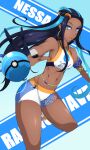 1girl alluring athletic_female bare_shoulders black_hair blue_eyes blue_hair breasts byakkun_(byakkun8181) creatures_(company) dark-skinned_female dark_skin earrings female_abs fit_female game_freak high_res jewelry long_hair looking_at_viewer nessa_(pokemon) nintendo poke_ball pokemon pokemon_swsh shorts sideboob sleeveless swimsuit