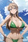  1girl ai_generated arm_support armpits beach big_breasts bikini breasts brown_eyes brown_hair cleavage curvy female_only green_bikini hands_on_hips highschool_of_the_dead hips huge_breasts legs long_hair looking_at_viewer more_at_source navel pose posing rei_miyamoto sensual smile solo_female stable_diffusion sweat thighs tokiwa voluptuous wide_hips 