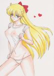 1_girl 1girl aino_minako art babe bare_legs bishoujo_senshi_sailor_moon blonde blonde_hair blue_eyes breasts earrings erect_nipples female female_only hair_bow hair_ribbon heart high_res highres jewelry large_breasts legs long_blonde_hair long_hair marker_(medium) minako_aino mound_of_venus naughty_face navel nipples no_bra panties rascal_(n119) ribbon sailor_moon sailor_venus see-through shirt shirt_lift simple_background smile solo standing traditional_media underwear upshirt very_long_hair wet wet_clothes wet_shirt