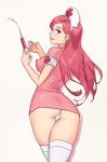 1girl ass blue_eyes clothed female female_human female_only human joy_(pokemon) long_hair long_pink_hair looking_at_viewer nurse nurse_cap nurse_joy nurse_uniform panties pink_hair pokemon solo stockings upskirt white_background white_panties