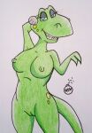  1girl anthro big_breasts breasts dinosaur dudley_the_dinosaur earrings female_only genderswap milf nipples pussy rdk scalie t-rex 