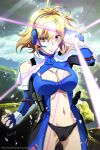 1girl angelise_ikaruga_misurugi art big_breasts blonde_hair bodysuit breasts cleavage cleavage_cutout cross_ange looking_at_viewer midriff navel nolia red_eyes short_hair smile solo standing