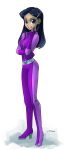  1girl art black_hair bodysuit hair_ornament hairclip katiramoon_(artist) latex latex_suit lips long_hair looking_at_viewer mandy_(totally_spies) mandy_luxe purple_bodysuit purple_eyes simple_background solo totally_spies white_background 