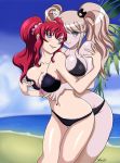 2girls art beach big_breasts bikini black_bikini black_swimsuit blue_eyes blush breasts cleavage cross_ange danganronpa danganronpa_1 enoshima_junko from_behind grin hair hilda_(cross_ange) junko_enoshima large_breasts leaning leaning_forward light_brown_hair long_hair looking_at_viewer midriff multiple_girls mutual_yuri naughty_face parted_lips purple_eyes red_hair shiny shiny_hair shiny_skin swimsuit teeth twintails yuri