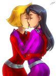  2girls angelickitty89_(artist) art belt black_hair blonde_hair bodysuit brunette closed_eyes clover_(totally_spies) hair hairclip heart hugging katiramoon_(artist) kissing long_hair love mandy_(totally_spies) mandy_luxe mole multiple_girls mutual_yuri neck purple_bodysuit red_bodysuit short_hair simple_background symmetrical_docking totally_spies white_background yuri 