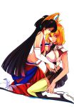 2girls absurd_res absurdres angelise_ikaruga_misurugi art bare_shoulders big_breasts black_hair blonde_hair blue_eyes blush breasts bridal_gauntlets cross_ange forehead_jewel hair half-closed_eyes head_wings high_heels high_res highres hime_cut midriff multiple_girls mutual_yuri red_eyes sala_(cross_ange) salamandinay short_hair sideboob skirt sleeveless stockings thighhighs uniform very_long_hair white_background xiaokk_(artist) yuri zettai_ryouiki