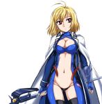 1girl angelise_ikaruga_misurugi art blonde_hair bodysuit breasts cape cleavage cosplay cross_ange fate_testarossa fate_testarossa_(cosplay) lyrical_nanoha midriff mizuki_nana navel parody red_eyes seiyuu_connection simple_background skin_tight solo staff uniform wanyan_aguda weapon white_background