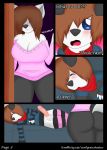  1girl anthro ass big_breasts breasts canine clothing comic dog english_text erection furry huge_breasts humanoid_penis husky incest male male/female mammal milf parent penis precum released_inhibitions son testicles text woofyrainshadow_(artist) 