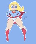  1girl alien blonde_hair blue_eyes boots cape dc flying girl lipstick long_hair panties printed_panties skirt skirt_lift smile super super_best_friends_forever supergirl wide_hips wind 