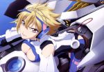 >:( 1girl absurd_res absurdres all_fours angelise_ikaruga_misurugi armor art ass bangs bare_shoulders bent_over big_breasts blonde_hair bodysuit breast_rest breasts cable cleavage cleavage_cutout cockpit copyright_name cross_ange eyelashes flipped_hair from_above glaring hair_between_eyes headgear headphones high_res highres large_breasts leaning_forward lips lipstick looking_at_viewer looking_up makeup mecha official_art ogura_kazuo ogura_kazuo_(artist) pink_eyes plug scan serious short_hair turtleneck water