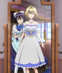 2girls ahoge angelise_ikaruga_misurugi arm arms bare_shoulders blonde_hair bowtie cross_ange dress hair hair_between_eyes jewelry maid mirror momoka_oginome multiple_girls necklace off-shoulder_dress purple_hair shiny shiny_hair short_hair smile standing sunrise_(company) window