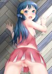 1girl alternate_costume anus ass bare_arms blue_eyes blue_hair blush cheerleader cheerleader_outfit cheerleader_uniform clothed dawn dawn_(pokemon) female female_human female_only g@rnet hikari_(pokemon) human long_blue_hair long_hair looking_at_viewer looking_back mostly_clothed no_panties open_mouth pokemon pussy short_skirt skirt sleeveless solo solo_female standing thigh_gap upskirt