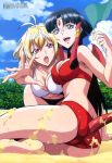 2girls absurd_res angelise_ikaruga_misurugi art barefoot beach big_breasts bikini black_hair blonde_hair blue_eyes breasts cat_tail cleavage cross_ange dragon_tail dragon_wings hair high_res hime_cut lips long_hair looking_at_viewer megami multiple_girls nyantype official_art open_mouth outside red_eyes sala_(cross_ange) salamandinay short_hair smile swimsuit tail wings