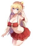 1girl 1girl akai_haato big_breasts bikini bikini_skirt blonde blue_eyes breast_curtains breasts cleavage hair_ornament heart heart_hair_ornament high_resolution hololive kurohikage long_hair navel simple_background skirt smile swimsuit v very_high_resolution virtual_youtuber