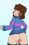  1girl 2020s 2023 2d 2d_(artwork) aged_up ass backboob big_ass big_breasts black_legwear black_stockings black_thighhighs blacksunking blush bottomless bottomless_female breasts brown_hair color digital_media_(artwork) female_frisk female_human female_only frisk frisk_(undertale) gradient_background human human_only legwear open_mouth short_hair simple_background solid_color_background solo_female solo_human stockings striped_clothing striped_shirt striped_sweater surprised sweater thighhighs thighs topwear undertale undertale_(series) video_game_character video_games 