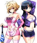 2girls ahoge alternate_costume angelise_ikaruga_misurugi antenna_hair arm arm_behind_head armpits art bare_shoulders big_breasts black_hair blonde_hair blue_eyes blush body_blush bra breasts choker cleavage closed_umbrella collarbone cosplay cross_ange cutout dress erect_nipples frown future_gpx_cyber_formula hair hair_between_eyes hand_on_hip hime_cut jacket long_hair looking_at_viewer midriff miniskirt multiple_girls navel navel_cutout neck pink_dress pink_legwear race_queen red_eyes sala_(cross_ange) salamandinay sena_monaco serious short_dress short_hair shorts skin_tight skirt smile standing stockings strapless strapless_bra strapless_dress sugo_grand_prix_campaign_girl sugo_grand_prix_campaign_girl_(cosplay) thighhighs umbrella underwear