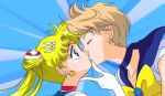  2girls arm art bishoujo_senshi_sailor_moon blonde_hair blue_background blue_eyes chin_grab choker closed_eyes collarbone dress earrings gem gloves hair hair_bun hair_ornament haruka_ten&#039;ou jewelry kissing light_brown_hair long_hair looking_at_another love magical_girl multiple_girls neck ribbon sailor_moon sailor_uranus school_uniform serafuku short_hair surprised ten&#039;ou_haruka tiara tsukino_usagi upper_body usagi_tsukino yuri 