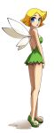  1girl 2013 arm back bare_back bare_legs bare_shoulders blonde_hair blue_eyes blush breasts clenched_hand clover_(totally_spies) cosplay disney disney_fairies dress fairy fairy_wings green_dress katiramoon_(artist) legs lips long_legs looking_at_viewer looking_back neck panties pantyshot pantyshot_(standing) shadow shoes short_hair simple_background solo standing strapless strapless_dress tinker_bell tinker_bell_(cosplay) totally_spies underwear white_background wings 