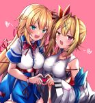  2_girls :d akai_haato big_breasts blonde blue_eyes blush breasts fang heart heart_hands heart_hands_duo heterochromia high_resolution hololive hoshikawa_sara jacket long_hair nijisanji open_mouth red_eyes school_uniform shiki_(catbox230123) shirt short_sleeves sideboob skirt sleeveless sleeveless_shirt smile uniform very_long_hair virtual_youtuber yellow_eyes 