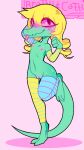  1girl 2d 2d_(artwork) alligator anthro anthro_only armwear blonde_hair bratty_(undertale) breasts crocodile crocodilian crocodylid cute digital_media_(artwork) female_only green_body green_skin legwear looking_at_viewer monster_girl nipples nude nude_female pink_background pink_sclera pussy reptile reptile_tail scalie simple_background sinnerpen small_breasts solo_anthro solo_female solo_focus standing_on_one_leg striped_armwear striped_legwear tail tongue_out undertale undertale_(series) video_game_character video_games 