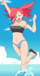  1_girl 1girl ;d alluring art asuna_(pokemon) babe bare_shoulders bikini blush breasts cleavage flannery gym_leader happy jamesdonalds jamesdonalds_(artist) looking_at_viewer nintendo open_mouth pokemon pokemon_rse red_eyes red_hair smile splashing strapless strapless_bikini strapless_swimsuit swimsuit tubetop water wink 