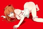  1girl all_fours ass asuka_langley_souryuu barefoot blue_eyes breast_press feet high_resolution jpeg_artifacts long_hair mebae neon_genesis_evangelion off_shoulder open_mouth orange_hair panties panties_around_leg posterior_cleavage red_background saliva simple_background tank_top toes top-down_bottom-up underwear 