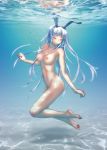 1girl animal_ears bangs barefoot blunt_bangs bunny_ears closed_eyes fake_animal_ears feet fingernails freediving full_body headphones high_resolution holding_breath long_hair nail_polish navel nipples nude sidelocks silver_hair smile soles submerged toes underwater wokada