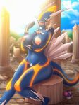  1girl alternate_color anthro belly breasts broken_pillar dialga diamond female female_only fire_eyes furry huge_breasts lysergide master_ball midriff navel nude pillar pokemon pokemon_mystery_dungeon primal_dialga red_stone shiny sitting spear_pillar stone sun sweat sweating 