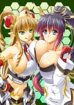  2girls :p absurd_res absurdres aqua_eyes areola arm_around_waist art asymmetrical_docking babe banpresto bare_shoulders black_hair blonde_hair blue_eyes breast_press breasts brown_hair bursting_breasts cleavage clothed_navel collarbone covered_navel crown detached_sleeves dress drill_hair erect_nipples fingerless_gloves gloves gradient_hair green_background hair hair_between_eyes hair_ornament hand_on_hip hexagon high_res highres honeycomb_background huge_breasts izta kaguya_nanbu kumashiro_izuta licking_lips lip_licking long_hair looking_at_viewer midriff multicolored_hair multiple_girls nanbu_kaguya naughty_face navel neck neige_hausen pointy_ears ponytail red_gloves red_hair side_slit sideboob skirt smile strapless strapless_dress super_robot_wars super_robot_wars_og_saga_mugen_no_frontier super_robot_wars_og_saga_mugen_no_frontier_exceed tiara tight_dress tongue tongue_out twintails two-tone_hair upper_body very_long_hair white_dress yuri 