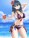 1girl 1girl 1girl :p alluring alternate_costume arm_behind_head artist_name beach big_breasts bikini black_bikini black_swimsuit blep blue_eyes byleth_(fire_emblem) byleth_(fire_emblem)_(female) byleth_(summer)_(fire_emblem)_(female) cloud dagger drink female_only fire_emblem fire_emblem:_three_houses fire_emblem_heroes flower flower_in_hair hair_flower hibiscus high_res high_res langspower nintendo official_alternate_costume one_eye_closed sea seaside swimsuit swimwear teal_hair tongue tongue_out water watermark wet