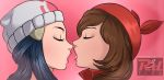 2_girls art artist_name bandana bandanna beanie blue_hair brown_hair closed_eyes dawn dawn_(pokemon) female_only hair hair_ornament hat headgear kissing lips lipstick long_hair love may may_(pokemon) multiple_girls mutual_yuri nintendo open_mouth pokemon pokemon_(anime) pokemon_(game) pokemon_dppt pokemon_rse r3dfive saliva saliva_trail short_hair tongue upper_body yuri