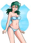  1girl alluring art bikini blush female_only heart nintendo officer_jenny pokemon r3dfive short_hair smile standing strapless strapless_bikini strapless_swimsuit swimsuit tagme tubetop wink 