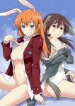  2girls animal_ears arm_support ass bad_id blue_eyes blush breasts brown_eyes brown_hair bunny_ears charlotte_e_yeager dog_ears gertrud_barkhorn grin hair inumimi jacket long_hair maruto! multiple_girls navel nipples open_clothes open_shirt orange_hair shirt sitting smile strike_witches 