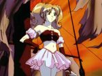  1girl anime arm armband arms bare_legs bare_shoulders black_gloves boku_wa_tenshi_janai_yo collarbone elbow_gloves gloves green_eyes hair hand_on_hip holding legs legs_together light_brown_hair lilith_(vampire_princess_miyu) midriff musical_instrument navel neck pink_skirt short_hair skirt standing strapless sunset tubetop twintails vampire_princess_miyu 