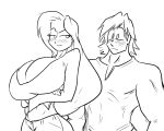 1boy 1girl arms_crossed bara big_breasts blush breasts cleavage hair huge_breasts hyper_breasts incest jon_freeman long_hair lucky-curse midriff muscle seductive