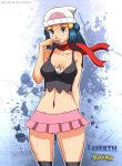  1_girl 1girl alluring art beanie blue_eyes blue_hair breasts cleavage creatures_(company) dawn_(pokemon) game_freak hat hikari_(pokemon) humans_of_pokemon layerth long_hair midriff nintendo pokemon pokemon_(anime) pokemon_(game) pokemon_black_and_white pokemon_bw pokemon_dppt red_scarf scarf smile thigh_gap watermark 