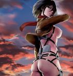  1girl ass attack_on_titan bad_id black_hair breasts cloud high_resolution in_profile kiyosumi_hurricane looking_back mikasa_ackerman nipples scarf sunset three-dimensional_maneuver_gear 