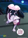  1girl ass ass_up darkereve english_text foboss121 ghost_spider looking_at_viewer marvel_comics moon on_all_fours speech_bubble spider-gwen spider-man_(series) talking_to_viewer text 