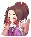 1girl 2boys blush brown_eyes brown_hair double_handjob fuu fuu_(samurai_champloo) handjob licking_penis male/female one_eye_closed penis_against_cheek penis_lick precum samurai_champloo tongue tongue_out v veiny_penis wink