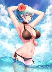  1girl 1girl absurd_res adjusting_hair alluring big_breasts bikini black_bikini blue_eyes blush breasts byleth_(fire_emblem) byleth_(fire_emblem)_(female) byleth_(summer)_(fire_emblem)_(female) cleavage fire_emblem fire_emblem:_three_houses halterneck high_res navel nintendo ocean official_alternate_costume partially_submerged partially_underwater_shot parupome ponytail swimsuit teal_hair underwater wading wet 