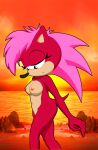  1girl artist_request beach breasts completely_nude completely_nude_female female_focus furry furry_female looking_down nipples nude nude_female pink_hair purple_fur sega sonia_the_hedgehog sonic sonic_the_hedgehog_(series) sonic_underground sunset tail 