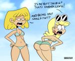 2girls big_ass bikini black_eyes blonde_hair earrings funny hair leni_loud looking_back lori_loud multiple_girls scobionicle99 shiny shiny_skin short_hair side-tie_bikini string_bikini sunglasses the_loud_house