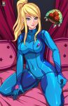  1girl bed big_breasts blonde_hair blue_bodysuit blue_eyes bodysuit female_only kyoffie long_hair metroid metroid_(creature) nintendo ponytail samus_aran skin_tight zero_suit 