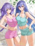  2_girls alternate_costume big_breasts blue_eyes blue_hair blush choujigen_game_neptune cleavage iris_heart looking_at_viewer necklace neptune_(series) purple_heart red_eyes sendrawz shirt short_shorts shorts standing tank_top twin_braids very_long_hair 