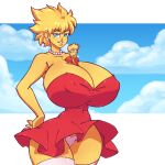 1boy 1girl 1girl 2021 bart_simpson blonde_hair blue_eyes breasts cleavage color dress exposed_panties giantess gigantic_breasts huge_breasts huge_cock lisa_simpson looking_at_viewer male n647 nipple_bulge pantyshot size_difference the_simpsons thick_thighs voluptuous wide_hips yellow_skin